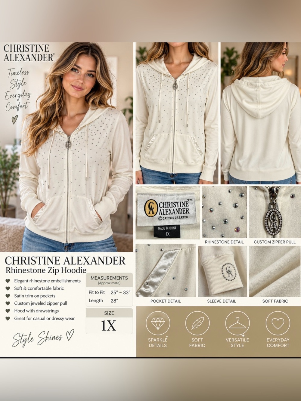 Christine Alexander Cream Rhinestone Zip Hoodie with Jeweled Pull